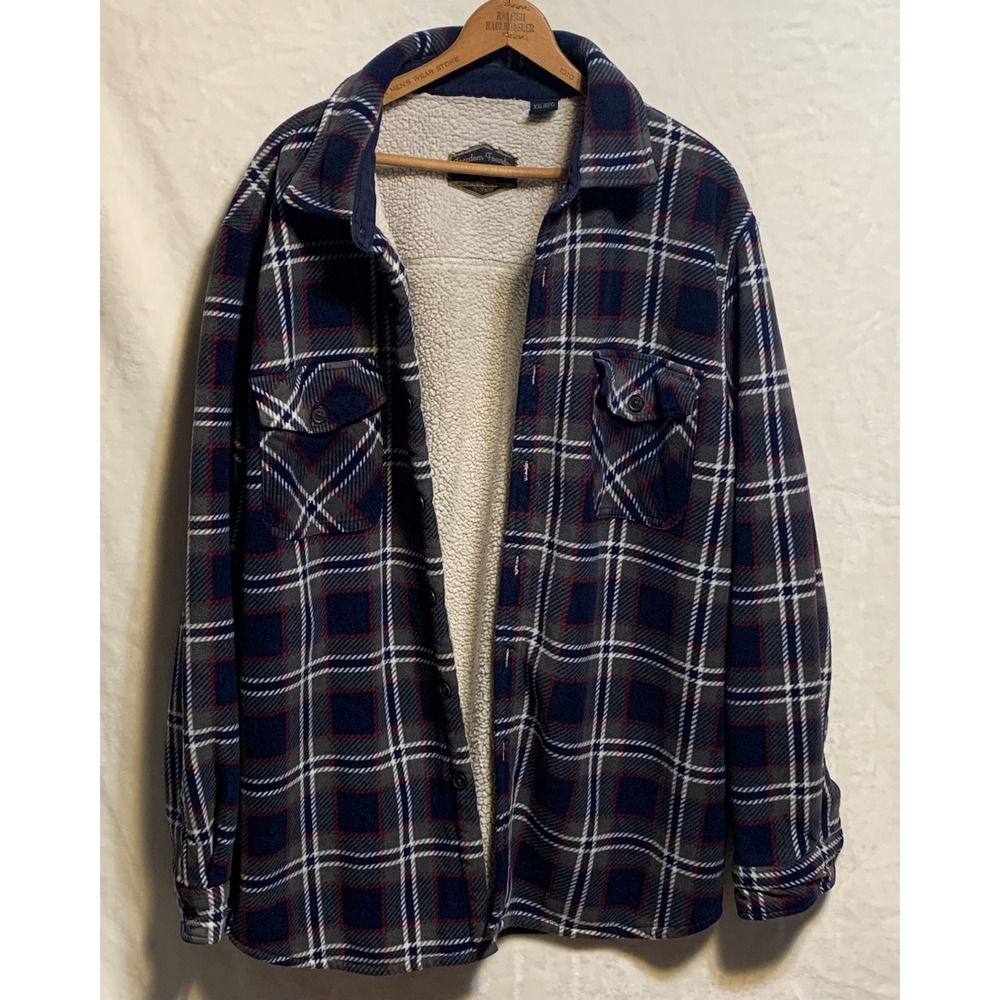 Freedom Foundry Mens Shacket XXL Sherpa Lined Fleece Plaid Shirt Jacket Blue Red